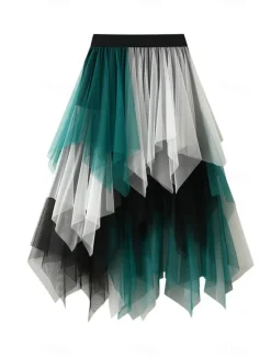 Online Women's Skirt A Line Swing Fashion Casual Midi High Waist Skirts Color Block Irregular Hem Layered Vacation Street White Pink Blue Green Winter Spandex Women Skirts