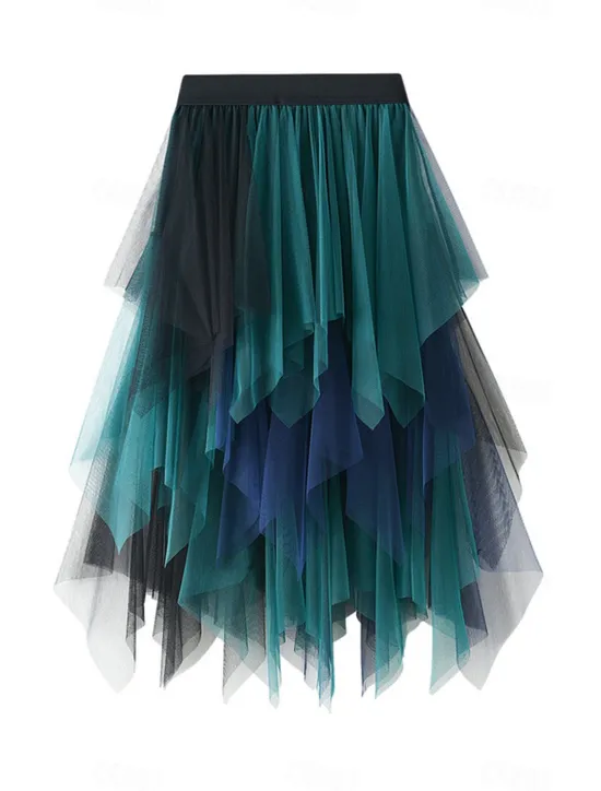 Online Women's Skirt A Line Swing Fashion Casual Midi High Waist Skirts Color Block Irregular Hem Layered Vacation Street White Pink Blue Green Winter Spandex Women Skirts