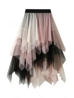 Online Women's Skirt A Line Swing Fashion Casual Midi High Waist Skirts Color Block Irregular Hem Layered Vacation Street White Pink Blue Green Winter Spandex Women Skirts