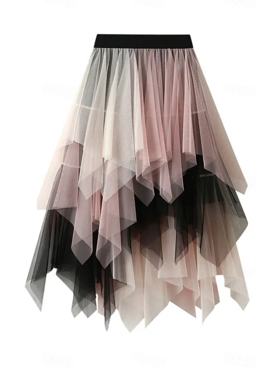 Online Women's Skirt A Line Swing Fashion Casual Midi High Waist Skirts Color Block Irregular Hem Layered Vacation Street White Pink Blue Green Winter Spandex Women Skirts