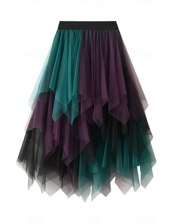 Online Women's Skirt A Line Swing Fashion Casual Midi High Waist Skirts Color Block Irregular Hem Layered Vacation Street White Pink Blue Green Winter Spandex Women Skirts