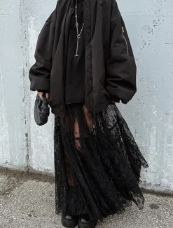Women's Skirt A Line Swing Elegant Vintage Sexy Long Maxi Mid Waist Skirts Lace Ruffle Patchwork Inelastic School Performance Spring, Fall, Winter, Summer Nylon Women Skirts