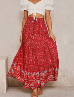 Best Women's Skirt A Line Swing Bohemia Maxi High Waist Skirts Floral Print Floral Holiday Vacation Summer Casual Boho Apricot Red Women Skirts
