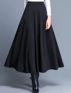 Discount Women's Skirt A Line Swing Midi High Waist Skirts Pocket Solid Colored Street Daily Winter Elegant Fashion Wine Black Red Women Skirts