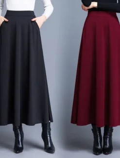 Discount Women's Skirt A Line Swing Midi High Waist Skirts Pocket Solid Colored Street Daily Winter Elegant Fashion Wine Black Red Women Skirts
