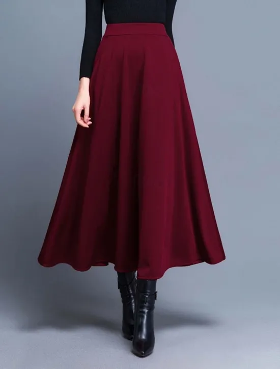 Discount Women's Skirt A Line Swing Midi High Waist Skirts Pocket Solid Colored Street Daily Winter Elegant Fashion Wine Black Red Women Skirts