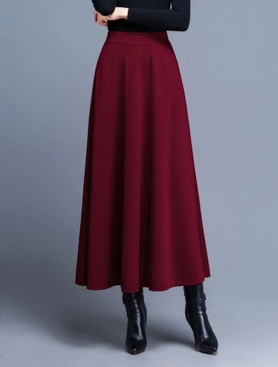 Discount Women's Skirt A Line Swing Midi High Waist Skirts Pocket Solid Colored Street Daily Winter Elegant Fashion Wine Black Red Women Skirts