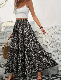Discount Women's Skirt A Line Swing Bohemia Casual Maxi High Waist Skirts Floral Print Micro-elastic Street Daily Black Blue Summer Polyester Women Skirts|Spring Pants