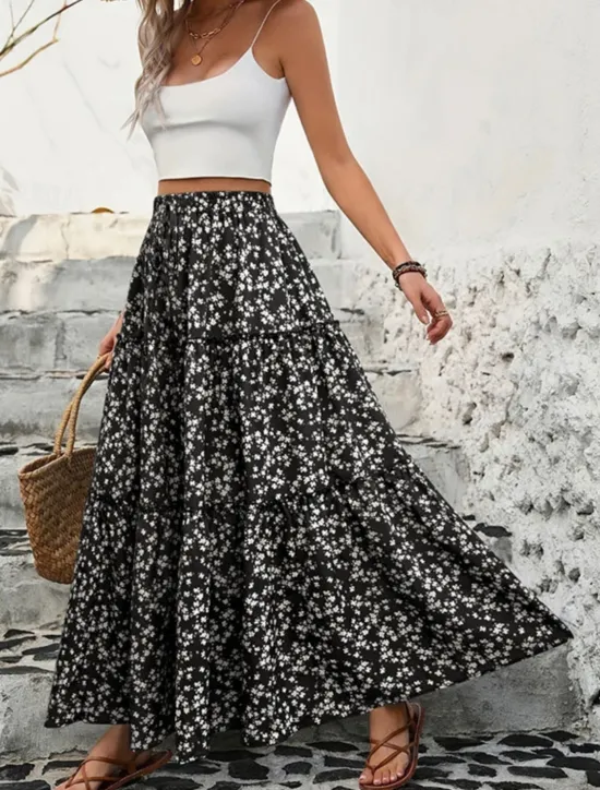 Discount Women's Skirt A Line Swing Bohemia Casual Maxi High Waist Skirts Floral Print Micro-elastic Street Daily Black Blue Summer Polyester Women Skirts|Spring Pants