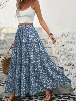 Discount Women's Skirt A Line Swing Bohemia Casual Maxi High Waist Skirts Floral Print Micro-elastic Street Daily Black Blue Summer Polyester Women Skirts|Spring Pants