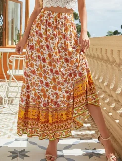 New Women's Skirt A Line Swing Bohemia Fashion Casual Boho Maxi High Waist Skirts Floral Drawstring Print Split Ends Vacation Daily Yellow Red Green Summer Rayon Women Skirts