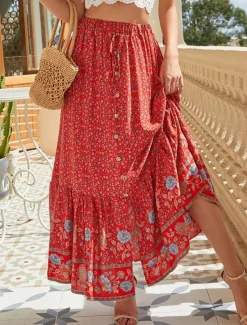New Women's Skirt A Line Swing Bohemia Fashion Casual Boho Maxi High Waist Skirts Floral Drawstring Print Split Ends Vacation Daily Yellow Red Green Summer Rayon Women Skirts