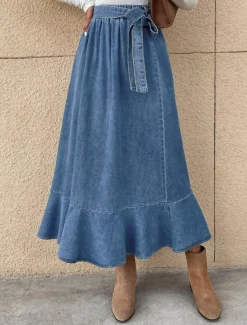 Best Women's Skirt A Line Swing Fashion Casual Maxi High Waist Skirts Solid Colored Ruffle Street Daily Winter Denim Women Skirts