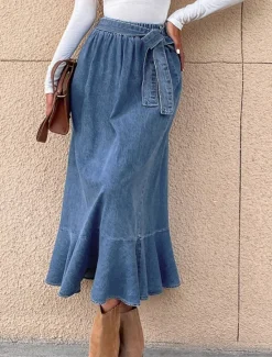 Best Women's Skirt A Line Swing Fashion Casual Maxi High Waist Skirts Solid Colored Ruffle Street Daily Winter Denim Women Skirts