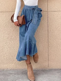 Best Women's Skirt A Line Swing Fashion Casual Maxi High Waist Skirts Solid Colored Ruffle Street Daily Winter Denim Women Skirts