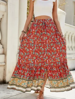Hot Women's Skirt A Line Swing Bohemia Fashion Casual Maxi High Waist Skirts Floral Print Micro-elastic Street Daily Red Navy Blue Green Summer Polyester Women Skirts|Spring Pants