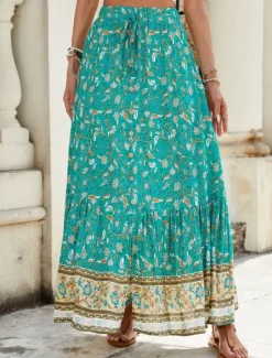 Hot Women's Skirt A Line Swing Bohemia Fashion Casual Maxi High Waist Skirts Floral Print Micro-elastic Street Daily Red Navy Blue Green Summer Polyester Women Skirts|Spring Pants