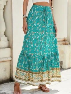 Hot Women's Skirt A Line Swing Bohemia Fashion Casual Maxi High Waist Skirts Floral Print Micro-elastic Street Daily Red Navy Blue Green Summer Polyester Women Skirts|Spring Pants