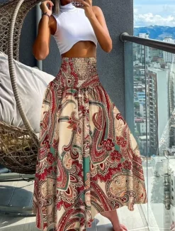 Hot Women's Skirt A Line Swing Maxi Skirts Print Floral Paisley Holiday Vacation Summer Vintage Boho Black-White Black Red Navy Blue Women Skirts
