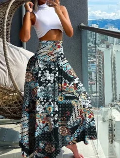 Hot Women's Skirt A Line Swing Maxi Skirts Print Floral Paisley Holiday Vacation Summer Vintage Boho Black-White Black Red Navy Blue Women Skirts