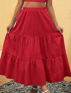New Women's Skirt A Line Swing Maxi Skirts Ruffle Pocket Solid Colored Casual Daily Weekend Summer Fashion Casual Black White Red Light Blue Women Skirts