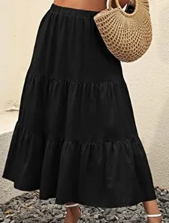New Women's Skirt A Line Swing Maxi Skirts Ruffle Pocket Solid Colored Casual Daily Weekend Summer Fashion Casual Black White Red Light Blue Women Skirts