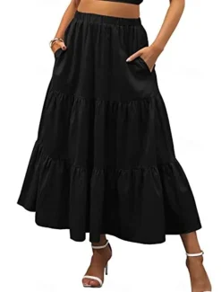 New Women's Skirt A Line Swing Maxi Skirts Ruffle Pocket Solid Colored Casual Daily Weekend Summer Fashion Casual Black White Red Light Blue Women Skirts