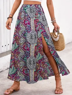 New Women's Skirt A Line Swing Casual Boho Maxi High Waist Skirts Graphic Paisley Print Split Ends Vacation Holiday Blue Purple Summer Polyester Women Skirts