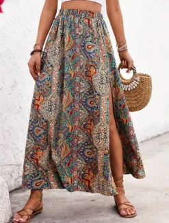 New Women's Skirt A Line Swing Casual Boho Maxi High Waist Skirts Graphic Paisley Print Split Ends Vacation Holiday Blue Purple Summer Polyester Women Skirts