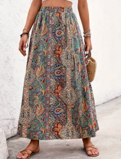 New Women's Skirt A Line Swing Casual Boho Maxi High Waist Skirts Graphic Paisley Print Split Ends Vacation Holiday Blue Purple Summer Polyester Women Skirts