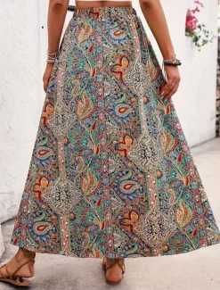 New Women's Skirt A Line Swing Casual Boho Maxi High Waist Skirts Graphic Paisley Print Split Ends Vacation Holiday Blue Purple Summer Polyester Women Skirts