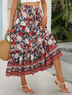 Outlet Women's Skirt A Line Swing Bohemia Casual Boho Maxi High Waist Skirts Floral Ruffle Floral Print Vacation Holiday Red Orange Dark Blue Beige Summer Rayon Women Skirts