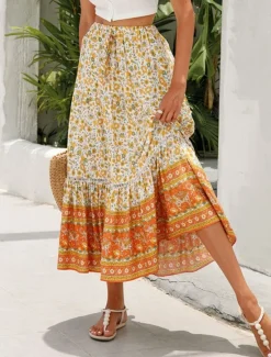 Outlet Women's Skirt A Line Swing Bohemia Casual Boho Maxi High Waist Skirts Floral Ruffle Floral Print Vacation Holiday Red Orange Dark Blue Beige Summer Rayon Women Skirts