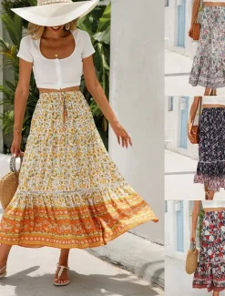 Outlet Women's Skirt A Line Swing Bohemia Casual Boho Maxi High Waist Skirts Floral Ruffle Floral Print Vacation Holiday Red Orange Dark Blue Beige Summer Rayon Women Skirts