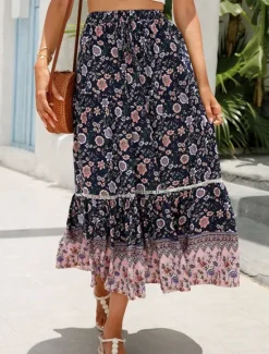 Outlet Women's Skirt A Line Swing Bohemia Casual Boho Maxi High Waist Skirts Floral Ruffle Floral Print Vacation Holiday Red Orange Dark Blue Beige Summer Rayon Women Skirts