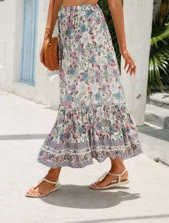 Outlet Women's Skirt A Line Swing Bohemia Casual Boho Maxi High Waist Skirts Floral Ruffle Floral Print Vacation Holiday Red Orange Dark Blue Beige Summer Rayon Women Skirts