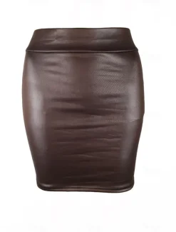 Best Women's Skirt Bodycon Elegant Fashion Casual Above Knee High Waist Skirts Solid Colored Vacation Street Wine Black Navy Blue Coffee Spring & Summer Faux Leather Women Skirts