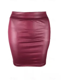 Best Women's Skirt Bodycon Elegant Fashion Casual Above Knee High Waist Skirts Solid Colored Vacation Street Wine Black Navy Blue Coffee Spring & Summer Faux Leather Women Skirts