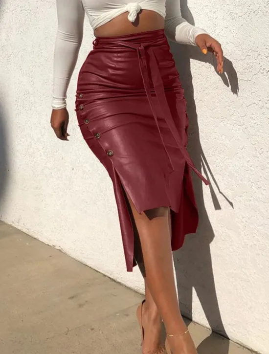 Outlet Women's Skirt Bodycon Fashion Casual Midi High Waist Skirts Solid Colored Maillard Split Ends Vacation Street Black Wine Brown Spring Faux Leather Leather Women Skirts