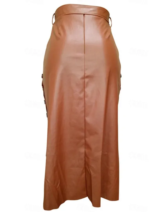 Outlet Women's Skirt Bodycon Fashion Casual Midi High Waist Skirts Solid Colored Maillard Split Ends Vacation Street Black Wine Brown Spring Faux Leather Leather Women Skirts