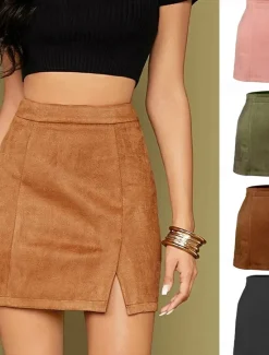 Women's Skirt Bodycon Fashion Sexy Mini High Waist Skirts Solid Colored Split Ends Vacation Street Wine Black Pink Brown Winter Suede Women Skirts