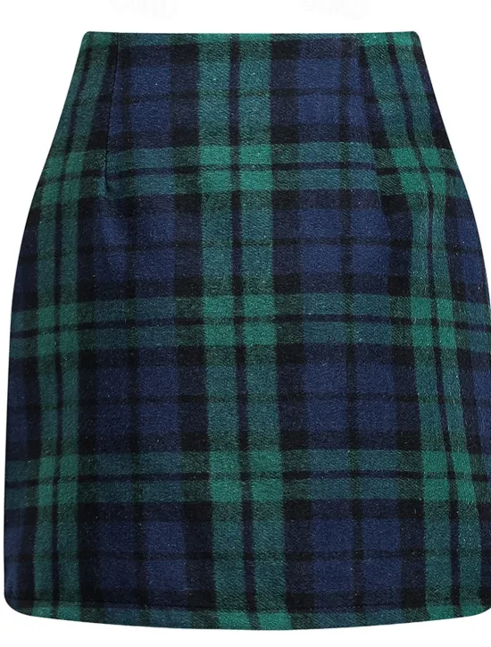 Discount Women's Skirt Bodycon Fashion Casual Mini High Waist Skirts Plaid Print Vacation Street Sapphire Dark Green Dark Coffee Winter Woolen Women Skirts