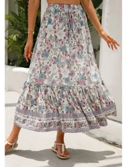Outlet Women's Skirt Bohemia Casual Boho Maxi Mid Rise Skirts Floral Print Micro-elastic Vacation Street Almond Red Blue Orange Summer Rayon Women Skirts