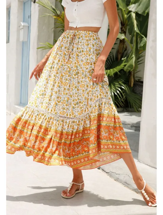Outlet Women's Skirt Bohemia Casual Boho Maxi Mid Rise Skirts Floral Print Micro-elastic Vacation Street Almond Red Blue Orange Summer Rayon Women Skirts