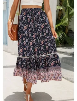 Outlet Women's Skirt Bohemia Casual Boho Maxi Mid Rise Skirts Floral Print Micro-elastic Vacation Street Almond Red Blue Orange Summer Rayon Women Skirts