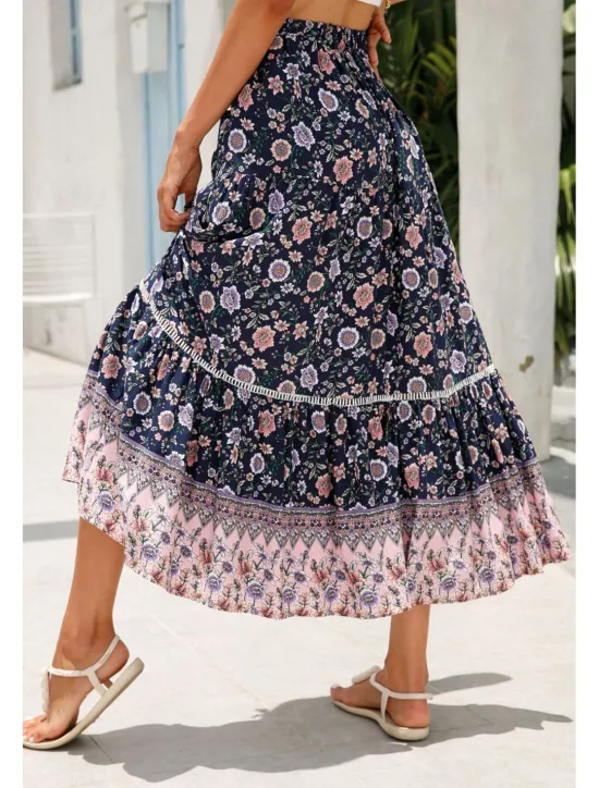 Outlet Women's Skirt Bohemia Casual Boho Maxi Mid Rise Skirts Floral Print Micro-elastic Vacation Street Almond Red Blue Orange Summer Rayon Women Skirts
