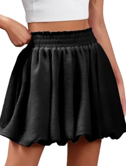 Outlet Women's Skirt Cute Summer Above Knee Mid Rise Skirts Solid Colored Ruched Stretchy Daily Black White Pink Khaki Summer Polyester Women Skirts