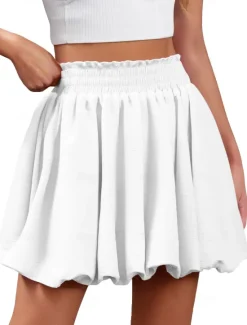 Outlet Women's Skirt Cute Summer Above Knee Mid Rise Skirts Solid Colored Ruched Stretchy Daily Black White Pink Khaki Summer Polyester Women Skirts