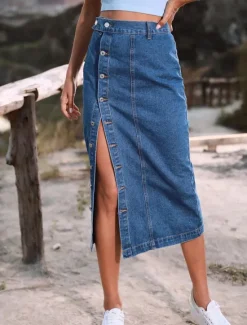 Discount Women's Skirt Denim Midi Skirt Fashion Casual Midi High Waist Skirts Solid Colored Split Ends Casual Daily Weekend Black Navy Blue Dark Blue Summer Denim Women Skirts