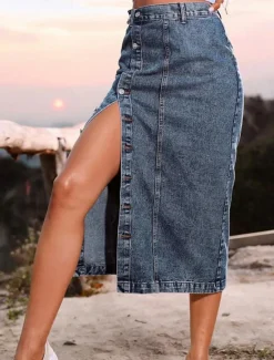 Discount Women's Skirt Denim Midi Skirt Fashion Casual Midi High Waist Skirts Solid Colored Split Ends Casual Daily Weekend Black Navy Blue Dark Blue Summer Denim Women Skirts